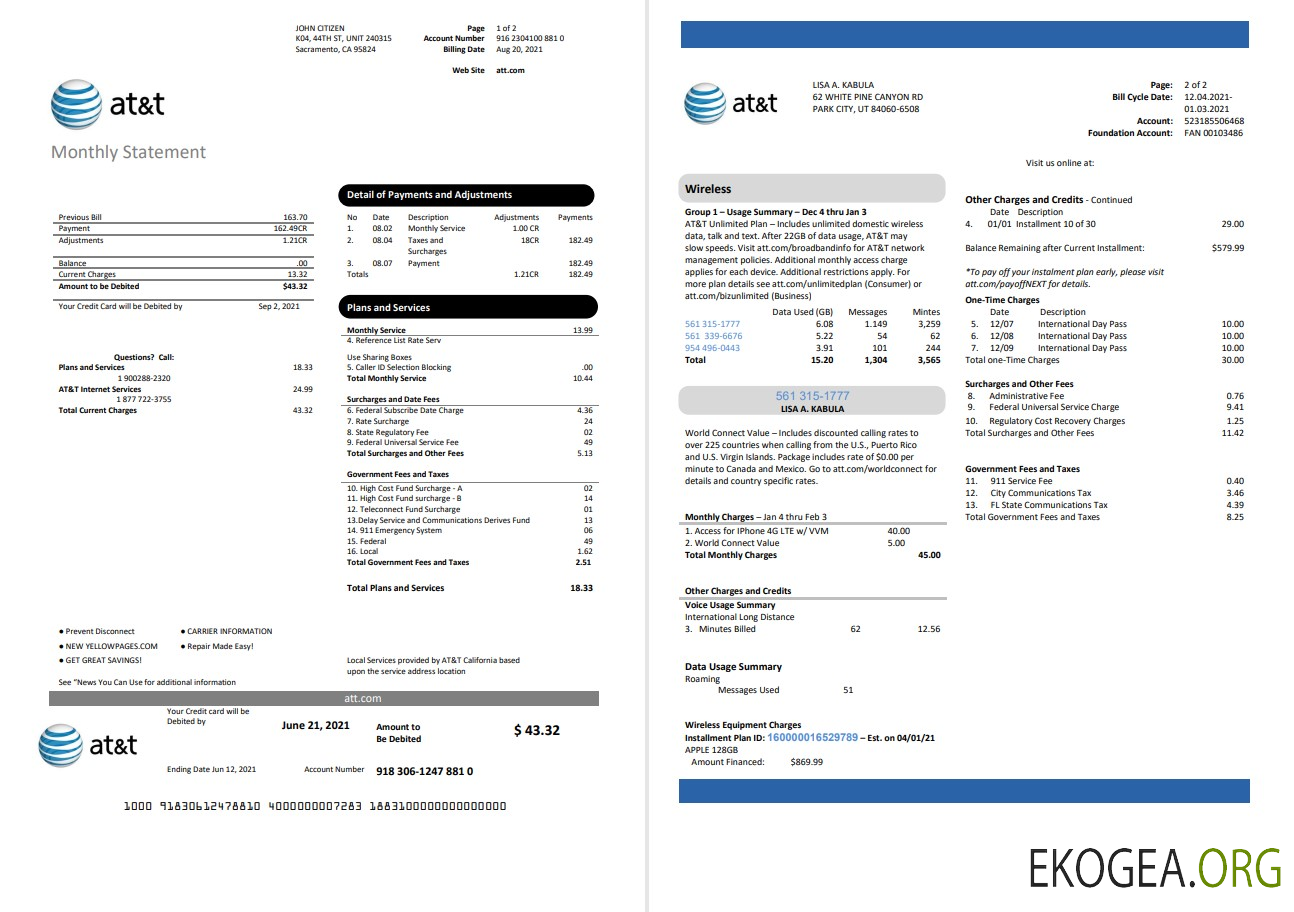 USA Texas AT&T telecommunications utility bill template in Word and PDF format (2 pages)